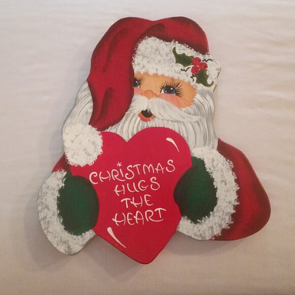 Santa Clause Christmas Wooden Hand Painted Wall Hanger Christmas Hugs the Heart - Picture 1 of 5